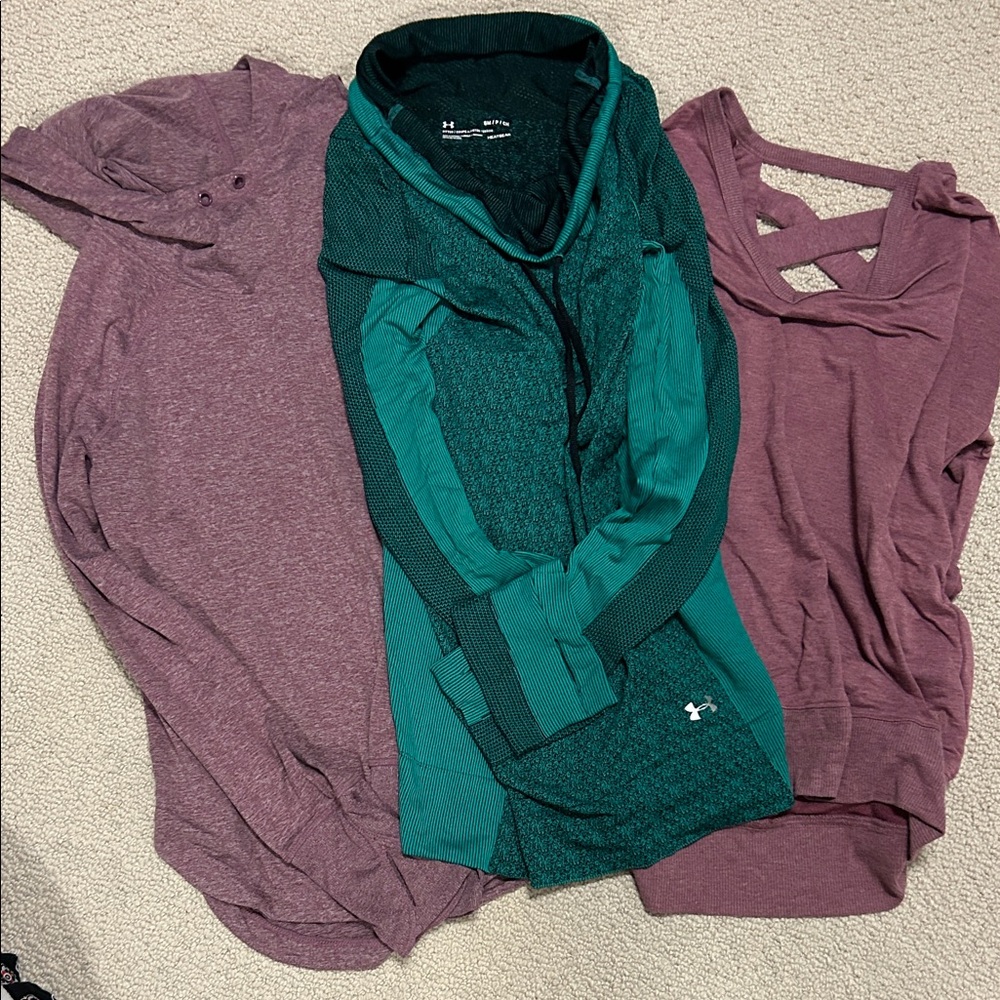 Under Armour athletic tunic and 2 raspberry colored hoodie and crewneck